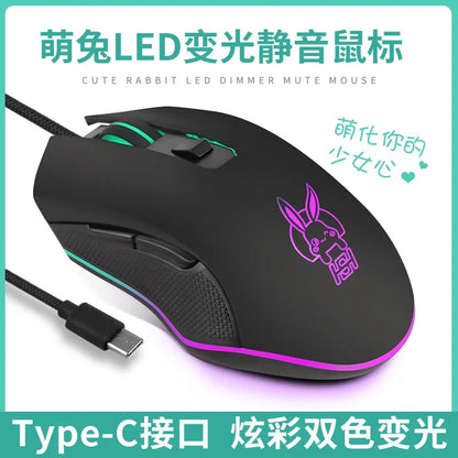 Ratón luminoso de colores con silencio USB-C para portátil Type-C, ratón gaming