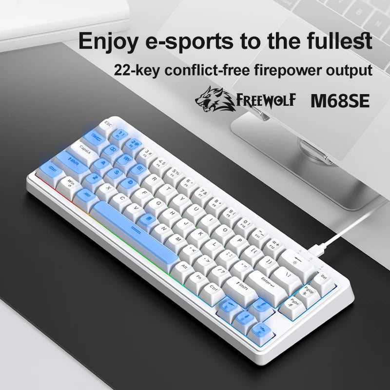 FREEWOLF M68SE 68 Key Mini Wired Keyboard RGB Backlit Type-C 68% Layout Compact Gaming Office PC Laptop