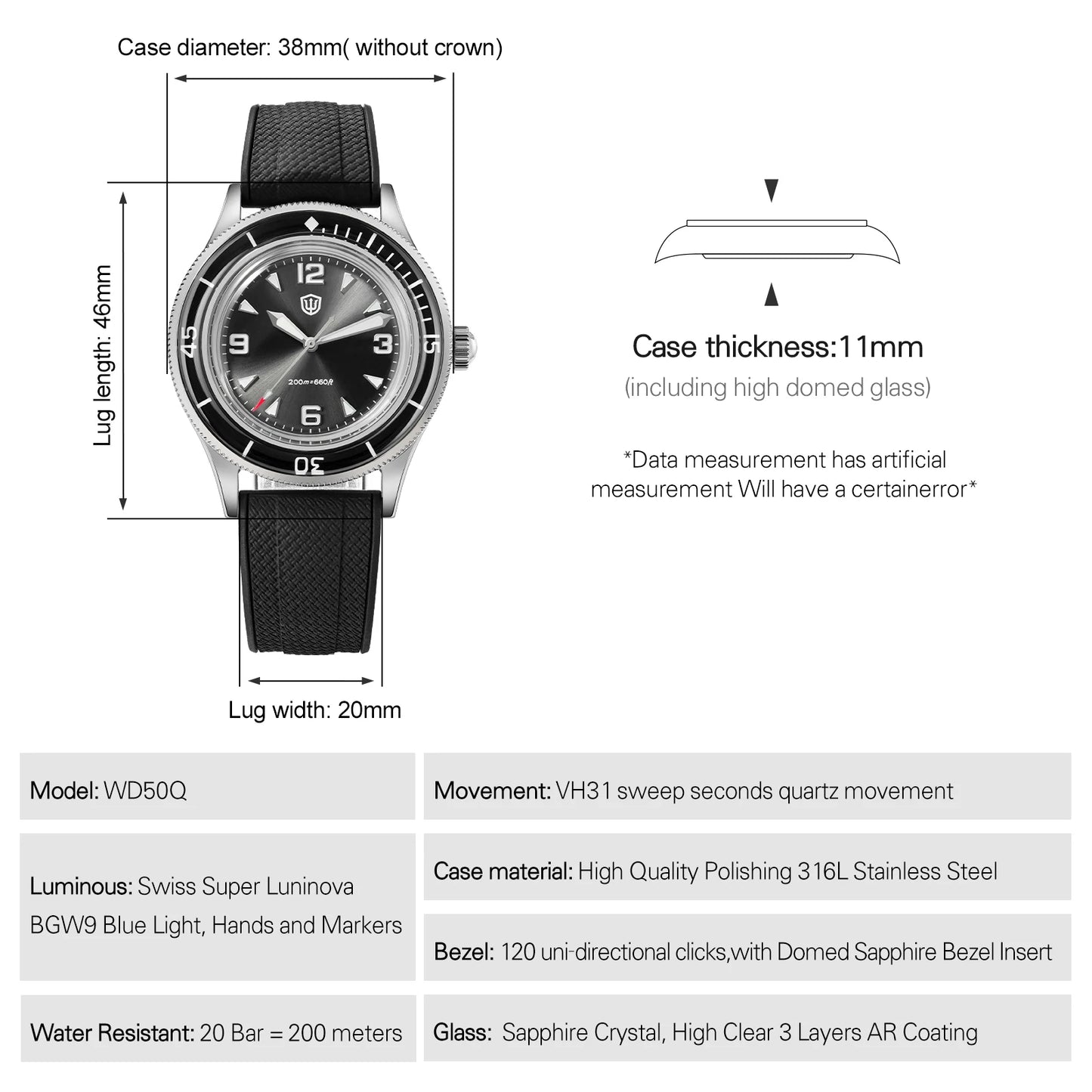 Watchdives WD50Q 38mm Watch Stainless Stee VH31 Sweep Seconds Quartz Movement Men Watches Bubble Sapphire Luminous Waterproof