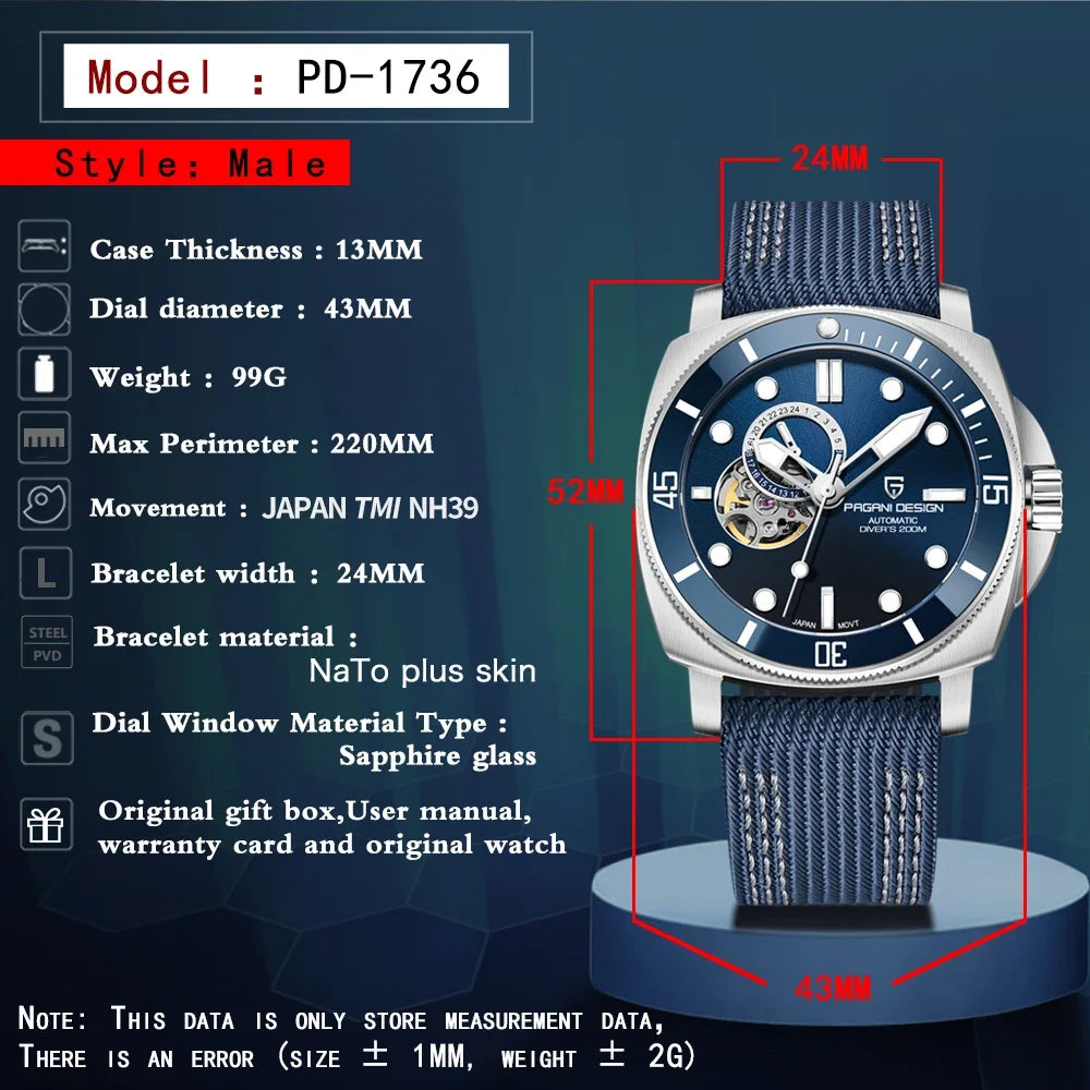PAGANI DESIGN 2026 Original 43MM Men's Automatic Mechanical Watch NH39 200M Waterproof AR Sapphire Mirror Watches For Men