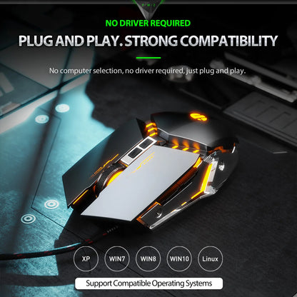 INPHIC W2 Gaming Mouse Silent Click USB Optical Wired Mouse 4800DPI Ergonomic Mice 6 Programmable Buttons RGB Breathing LED PC
