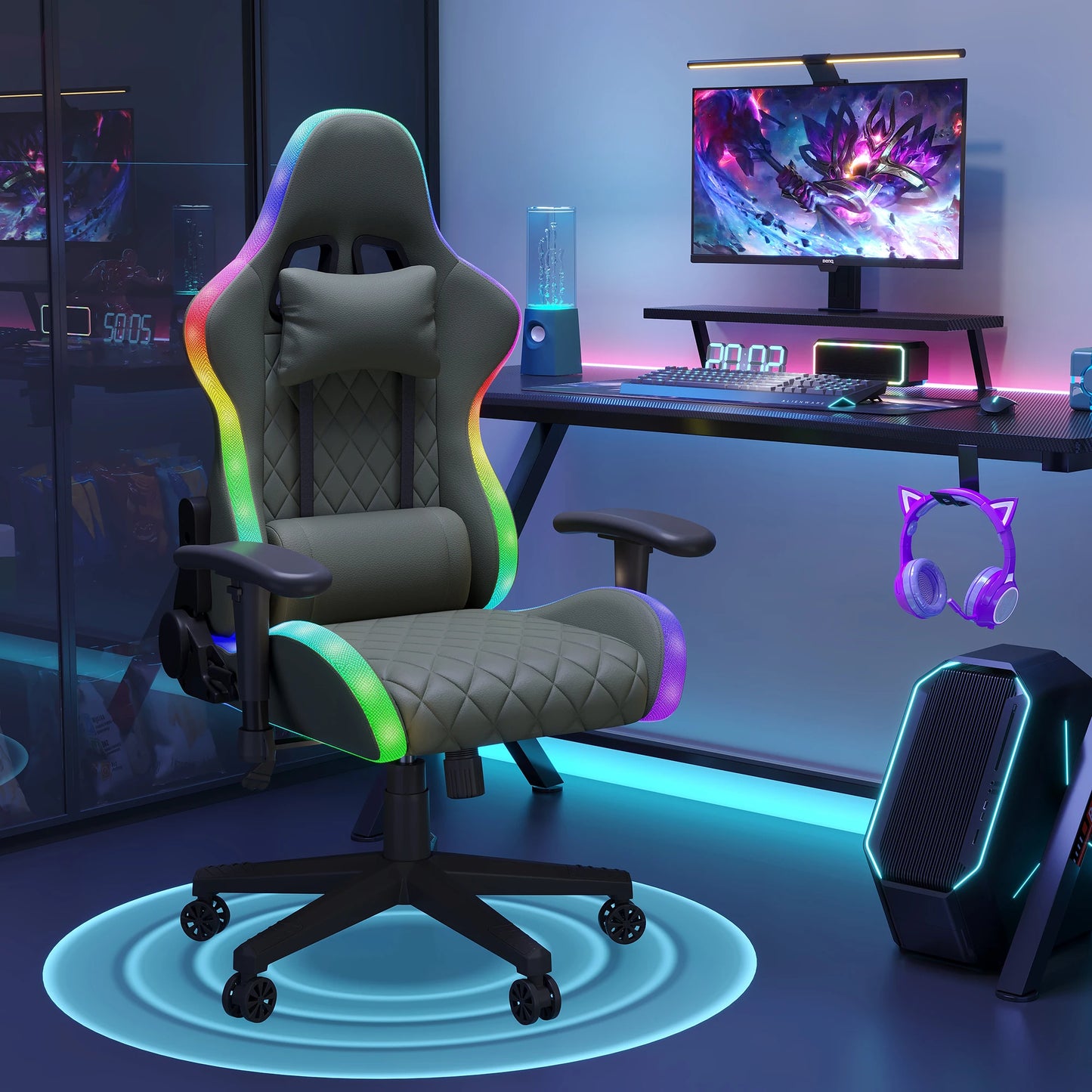 Ergonomic office chair with lumbar massage,LED RGB ambient lighting, and reclining backrest,  for home offices