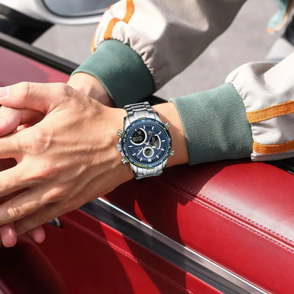 Montre pour homme POEDAGAR : montre à quartz tendance, étanche, avec affichage LED, double fuseau horaire et boîtier en acier inoxydable – une montre numérique de luxe pour homme.