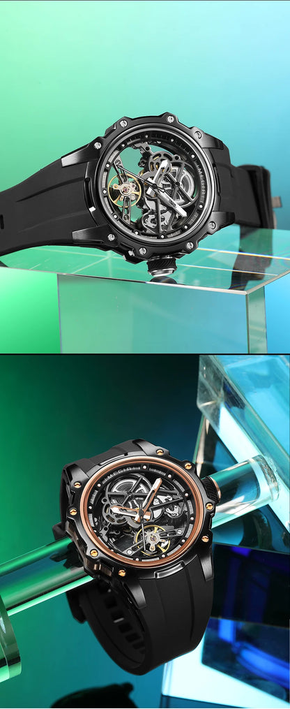 MEGIR Skeleton Dial Automatic Mechanical Watch Men Stainless Steel Case Waterproof Luminous Sport Wristwatch with Silicone Strap