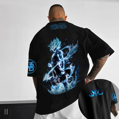 T-shirt oversized da bambino Dragon Ball Z Son Goku All Forms Broly Blue Aura Group Print, streetwear anime da uomo, maglietta anime per fan