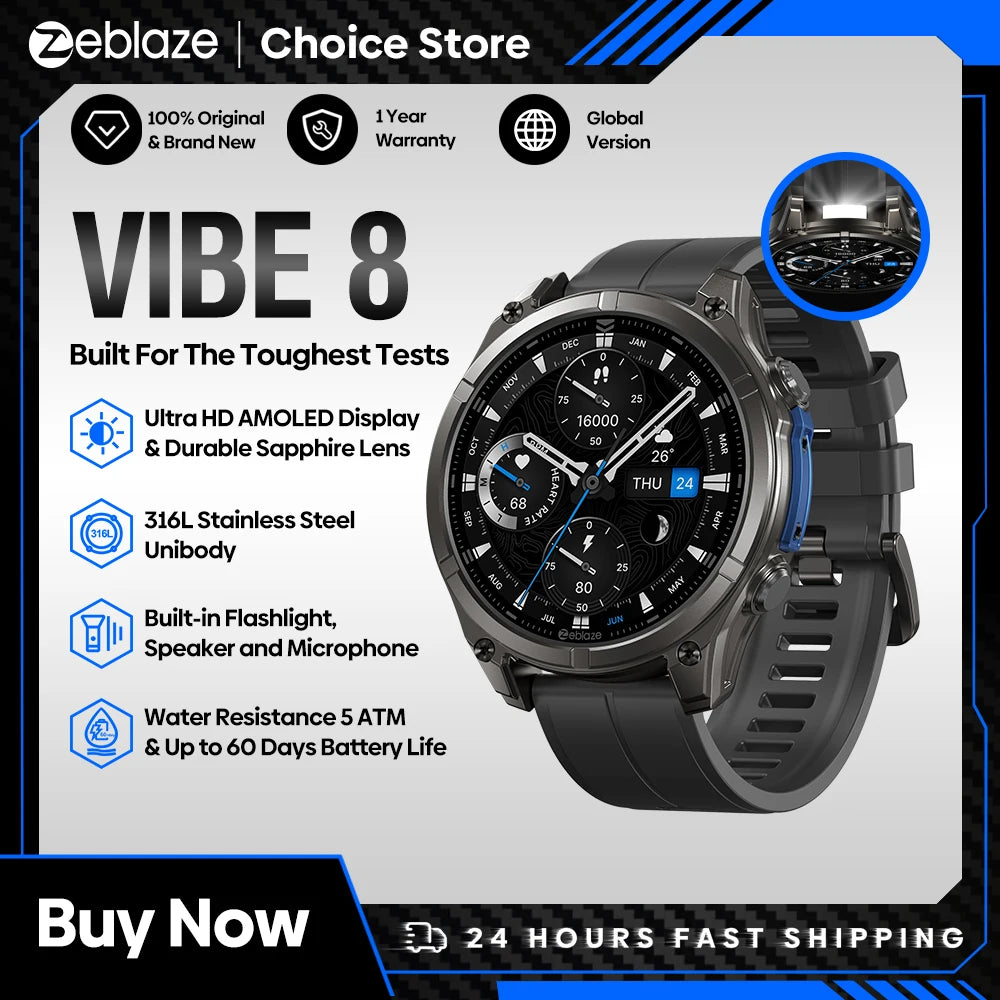 New Zeblaze VIBE 8 AMOLED Display Built-in Flashlight Smartwatch Sapphire Lens Make/Receive Calls HR/BP Monitoring Smart Watch