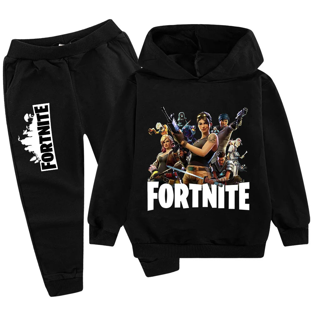 Fortnite-Game-Print-Kinderset, Hoodie im Cartoon-Stil, bequemer 2-teiliger Anzug mit lockerem Langarm-Oberteil und Hose, Herbst-/Winterkleidung