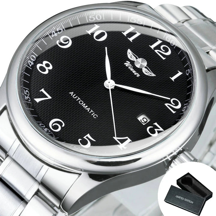 Montre pour homme WINNER – Style classique, rétro et élégant – Montre mécanique automatique avec calendrier – Marque de luxe, boîtier en acier et bracelet en cuir