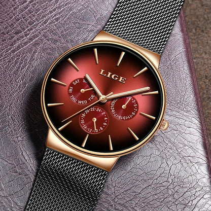 Reloj de mujer LIGE, elegante y a la última: estilo deportivo e informal, correa de malla, mecanismo de cuarzo, indicador de fecha y día, resistente al agua.