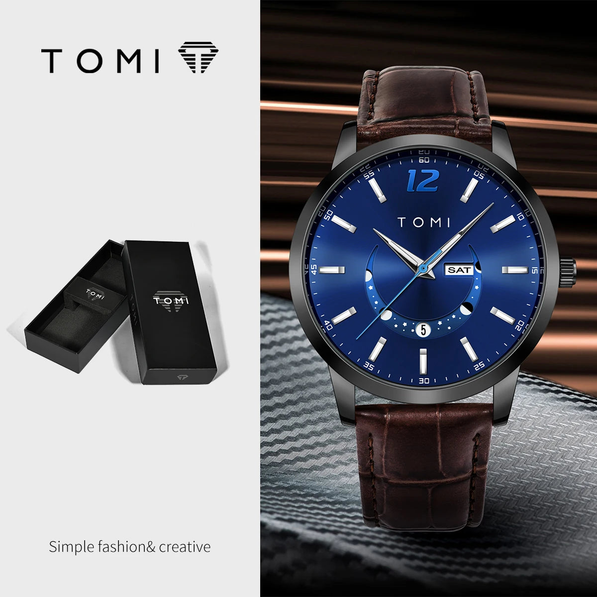Reloj de cuarzo TOMI, de estilo elegante y profesional, con correa de piel, caja de aleación y esfera con agujas: diseño de alta gama, ideal como regalo para hombre.