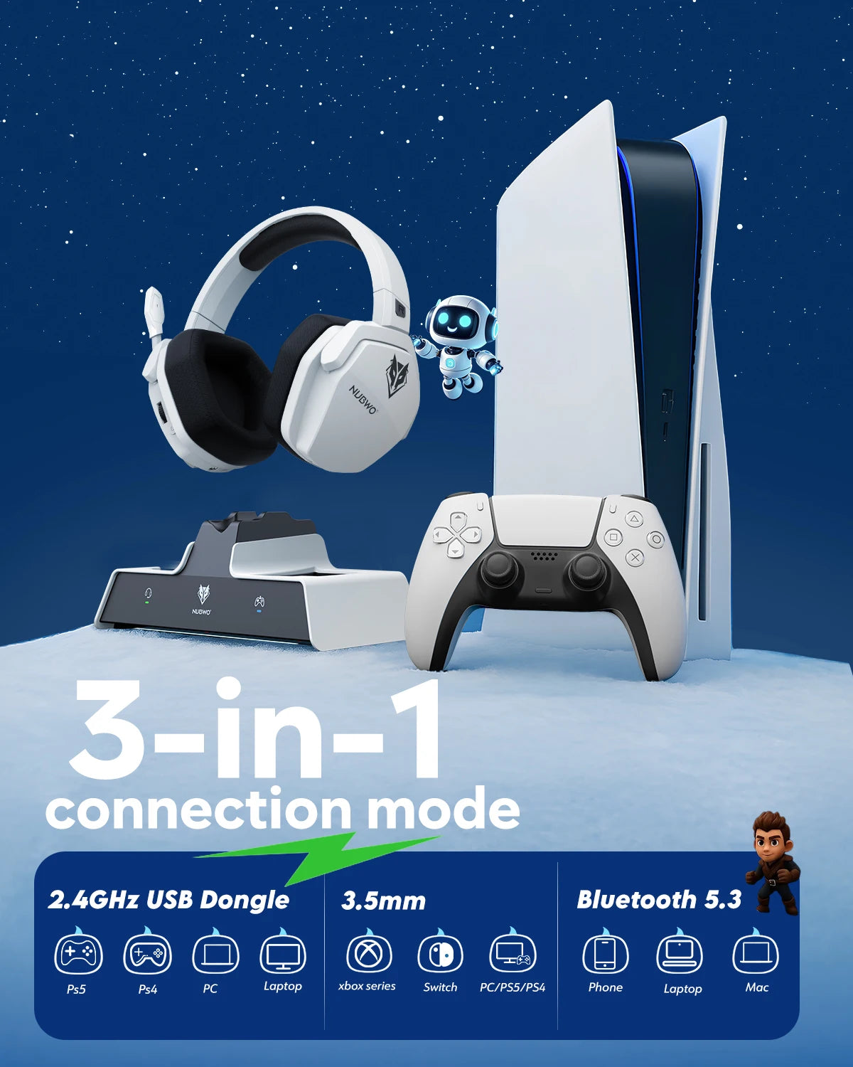 NUBWO G06 Wireless Headsets Gamer with Charging Station for Headset and PS5 Controller Gaming Headphones Long Battery Life