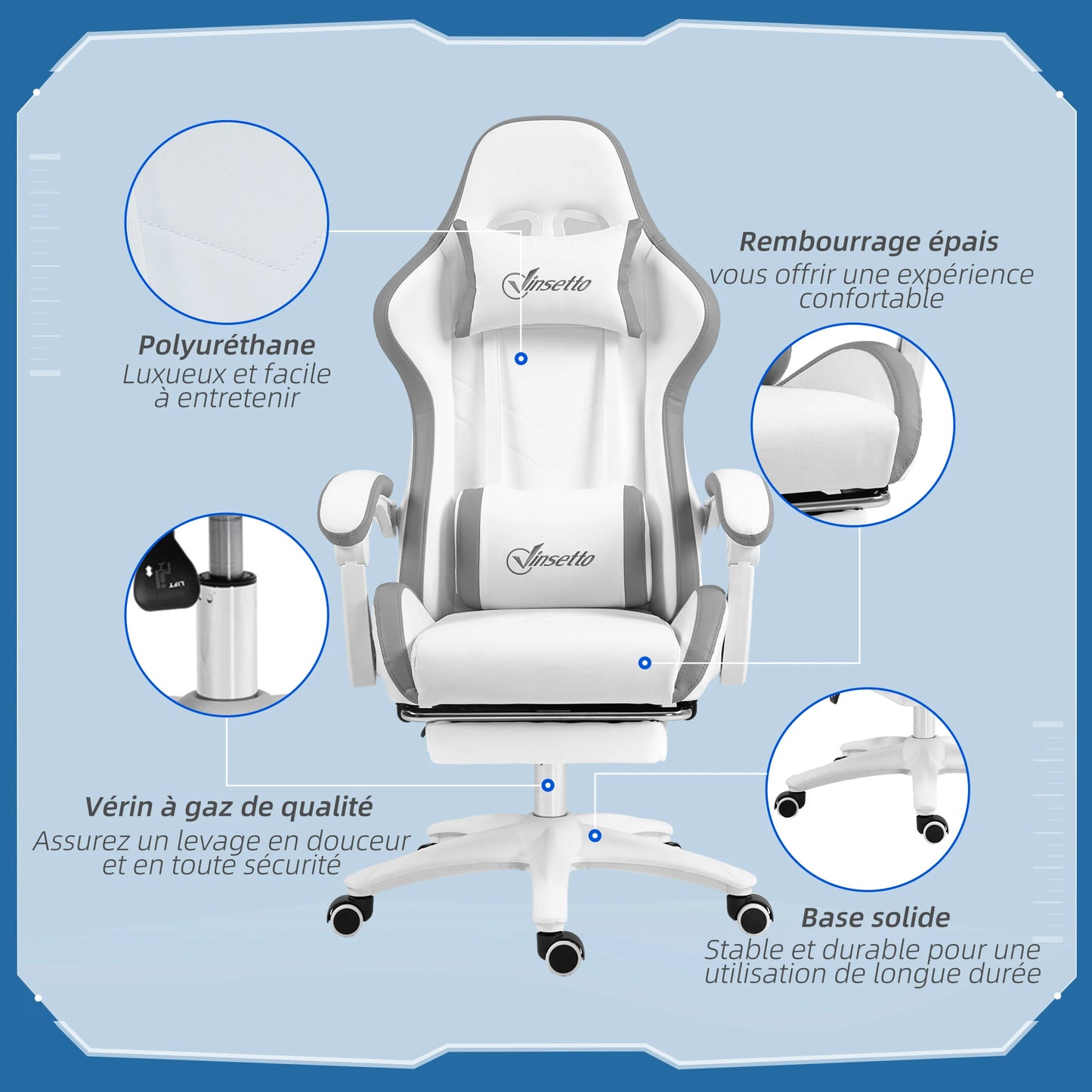 Gaming chair ergonomic gaming chair with 135° reclining backrest and lumbar support, 65x65x121-129 cm white