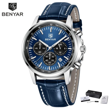 Reloj de lujo para hombre Benyar: cronógrafo con fecha, correa de piel, resistente al agua, luminiscente, estilo deportivo y militar, reloj de cuarzo