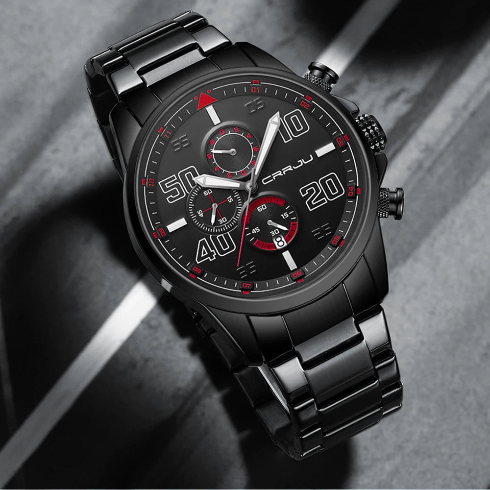 Montre pour homme CRRJU – Chronographe de luxe, grand cadran, acier inoxydable, étanche, avec affichage de la date