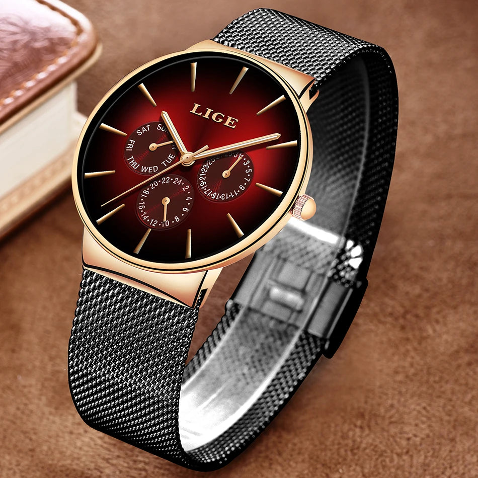 Reloj de mujer LIGE, elegante y a la última: estilo deportivo e informal, correa de malla, mecanismo de cuarzo, indicador de fecha y día, resistente al agua.