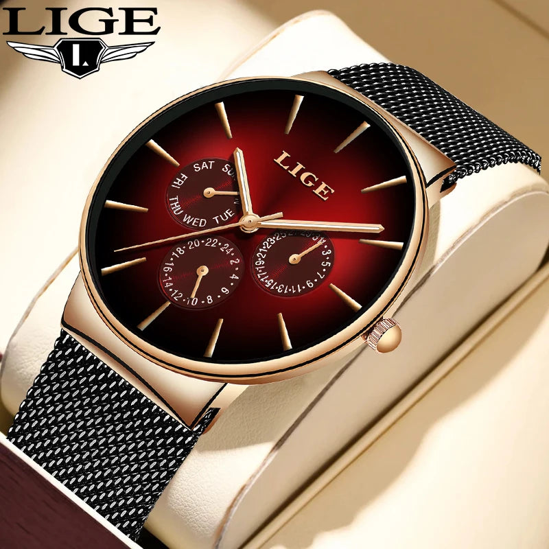 Reloj de mujer LIGE, elegante y a la última: estilo deportivo e informal, correa de malla, mecanismo de cuarzo, indicador de fecha y día, resistente al agua.