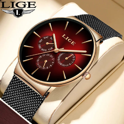 Reloj de mujer LIGE, elegante y a la última: estilo deportivo e informal, correa de malla, mecanismo de cuarzo, indicador de fecha y día, resistente al agua.