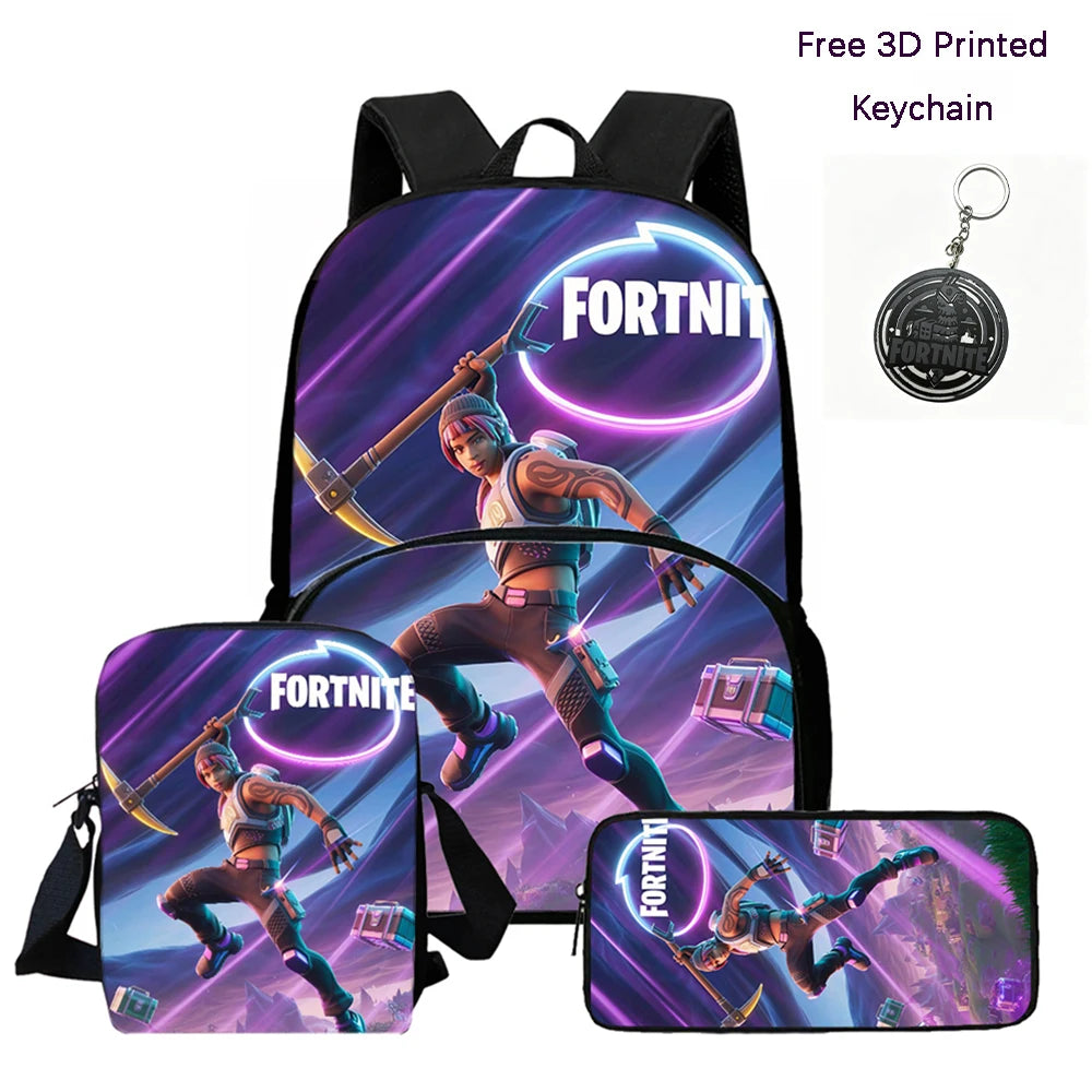 FORTNITE 3Pcs Lightweight Backpack With Front Pocket,Crossbody Bag&Pencil Case For Age 6-10 Boys Girls,Free 3D Printed Keychain