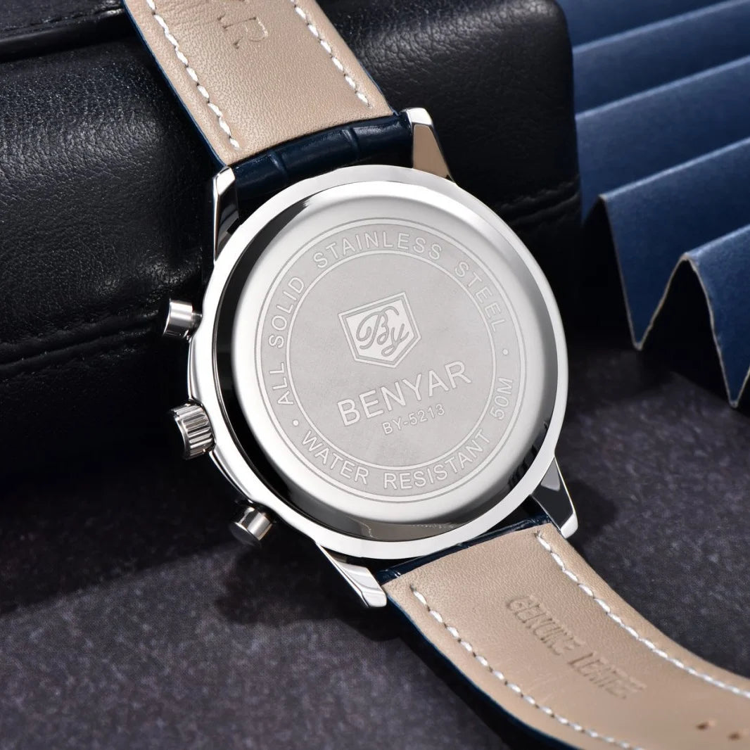 Reloj de lujo para hombre Benyar: cronógrafo con fecha, correa de piel, resistente al agua, luminiscente, estilo deportivo y militar, reloj de cuarzo