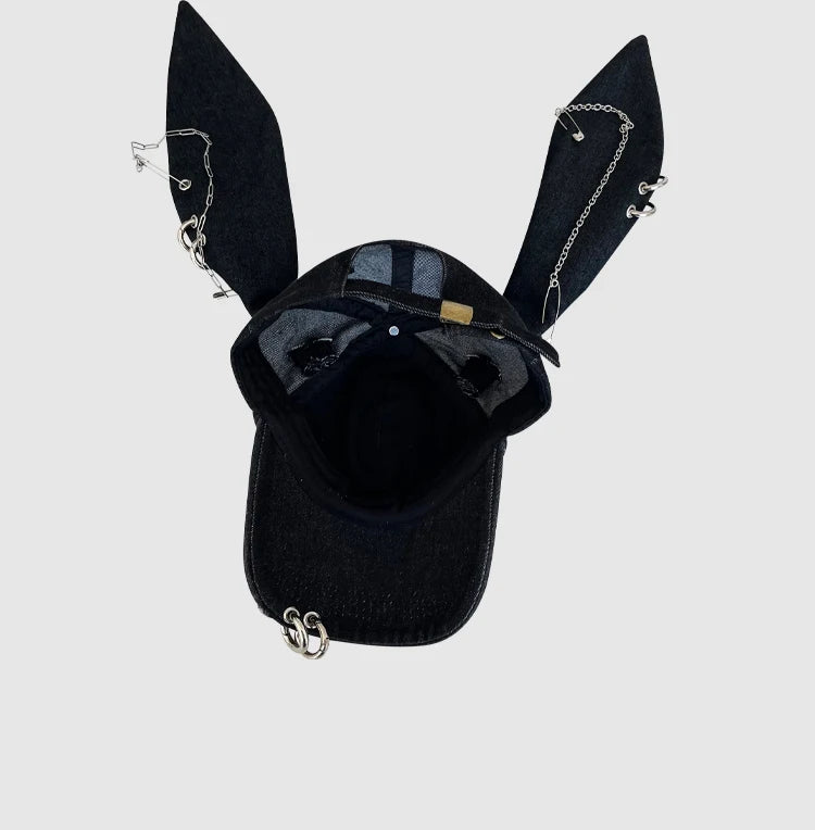 Niche Y2k Rabbit Ears – džínsová roztrhaná bejzbalová čiapka pre mužov a ženy, tmavá, s kovovým prsteňom, streetový trend, nastaviteľná športová čiapka