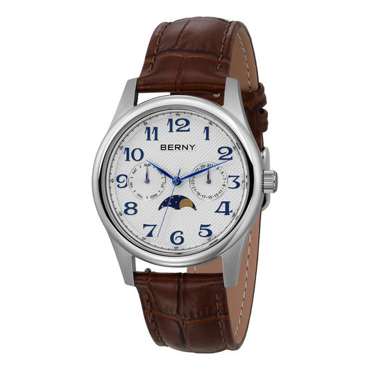 BERNY Watches for Men Moon Phase Quartz Men's Watch Day and Date Calendar Easy Read Vintage-Style Business Dress Wristwatch