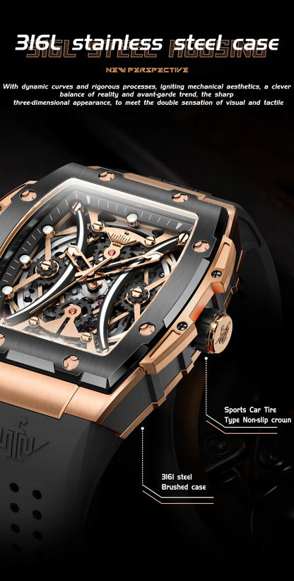 OUPINKE Men's Watches Classic Luxury Tonneau Dial Top Brand Original Automatic Mechanical Wristwatch Silicone Strap Sapphire New