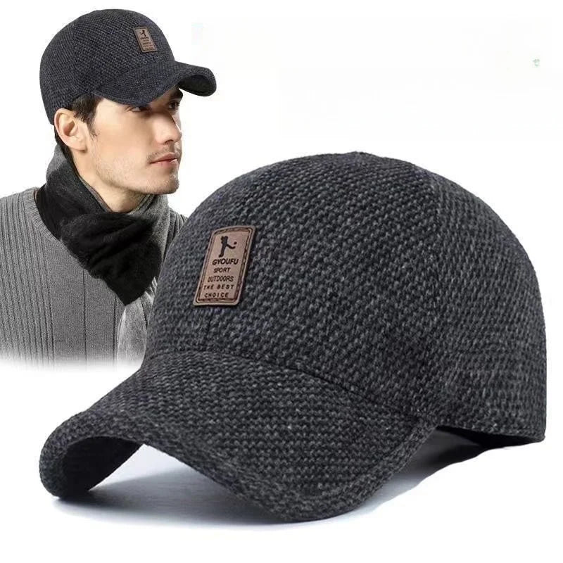 Winter Baseball Cap Warm Windproof Thickened Woolen Knitted Ear Protection Cap Men Adjustable Outdoor Sport Running Earflap Hat