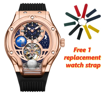 HANBORO Rose Gold Starry Sky Hollow Flywheel Moon Phase Automatic Mechanical Watch Luxury Space Theme Sports Watch 980