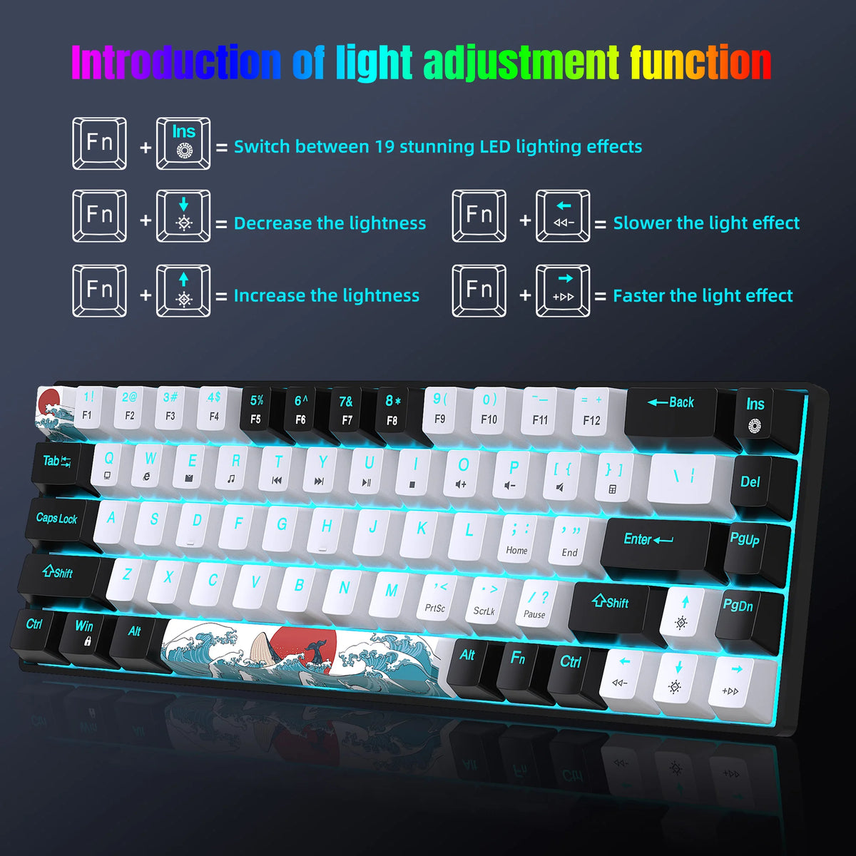 Mechanical Gaming Keyboard 68 Keys, Blue Switches & Multi-colored, Detachable Type-C Mini Gaming Keyboard