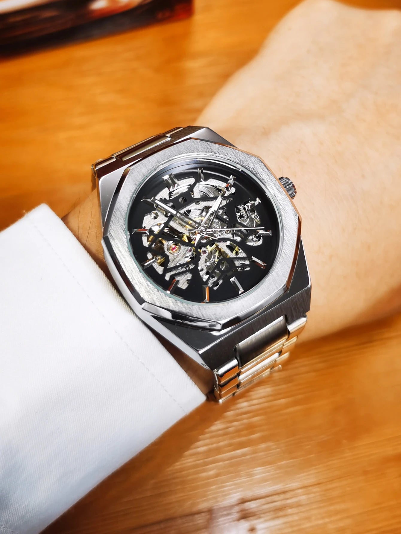 WINNER Black Gold Skeleton Mechanical Watches for Men Fashion irregular Automatic Watch Luxury Brand Stainless Steel Strap 2023