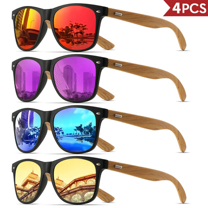 4PCS Bamboo Texture Square Sunglasses UV400, Fashion Unisex Classic - Lightweight for Casual Wear & Holidays