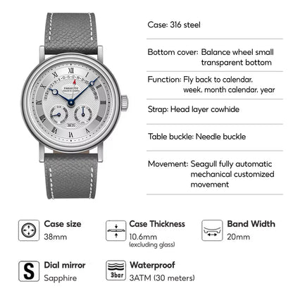 FARASUTE Men's Mechanical Watch Flyback Function Seagull Movement Month Display Week Display Calendar YearDisplay Sapphire Watch
