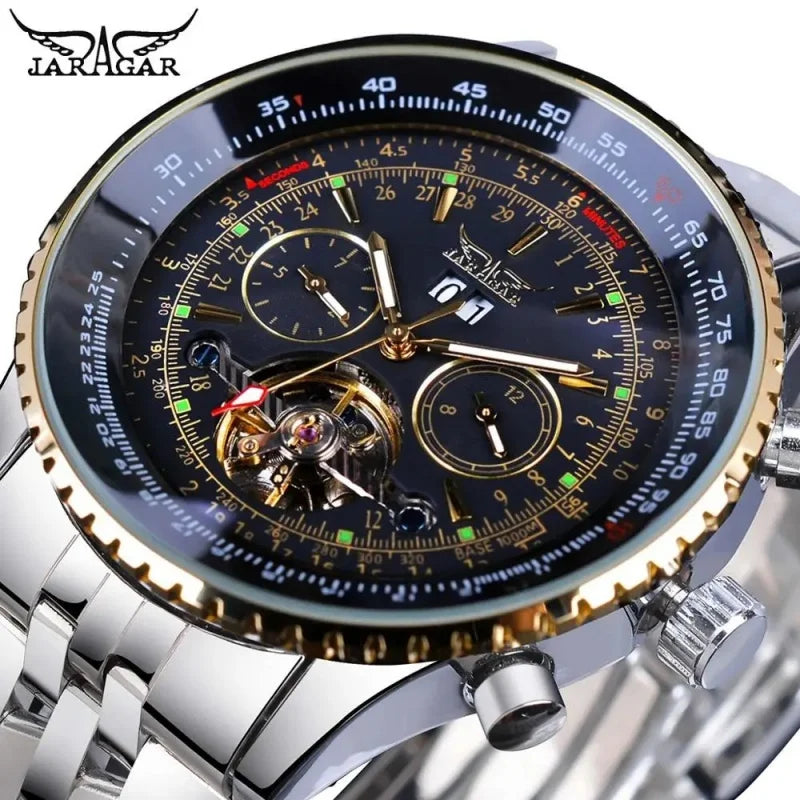 Montre mécanique automatique rétro de luxe JARAGAR 034, tourbillon, squelette creux, acier inoxydable, calendrier de la semaine, montre pour homme