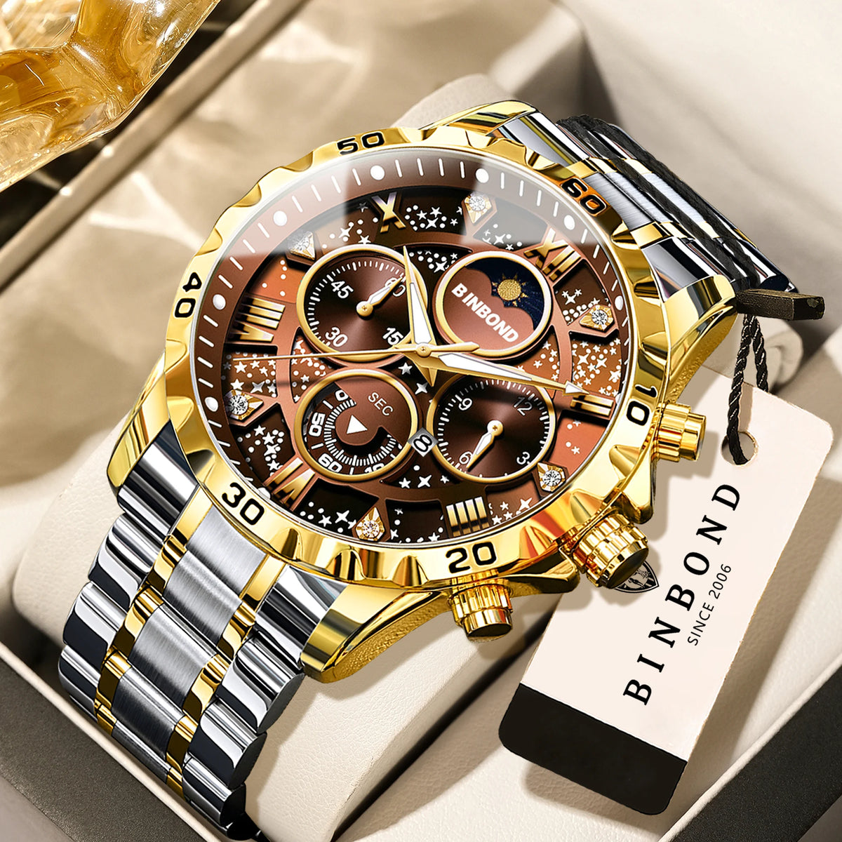 Montres à quartz de marque originale BINBOND pour hommes, montre chronographe de luxe lumineuse en acier inoxydable pour hommes, montre élégante pour hommes