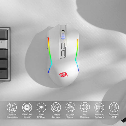 Redragon M693 langaton/langallinen BT & 2.4G Bluetooth -pelihiiri, 8000 DPI, 3 yhteystilaa, RGB-taustavalo PC:lle/Macille/kannettavalle