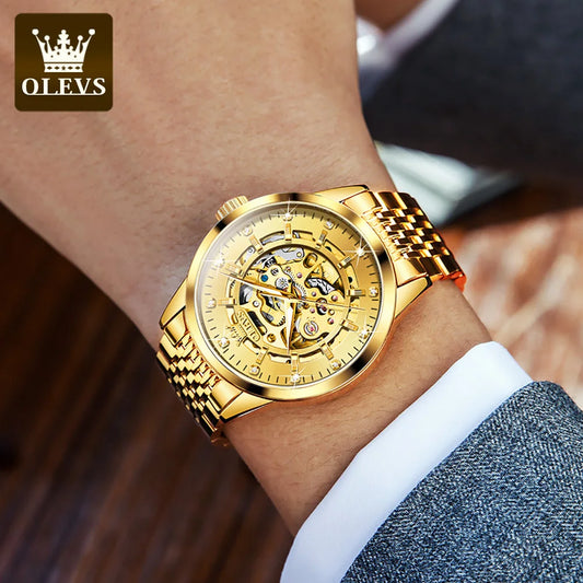 Reloj para hombre OLEVS 9920, modelo original de tipo «esqueleto», de acero inoxidable macizo, hermético y con elementos luminiscentes; reloj mecánico automático de lujo.