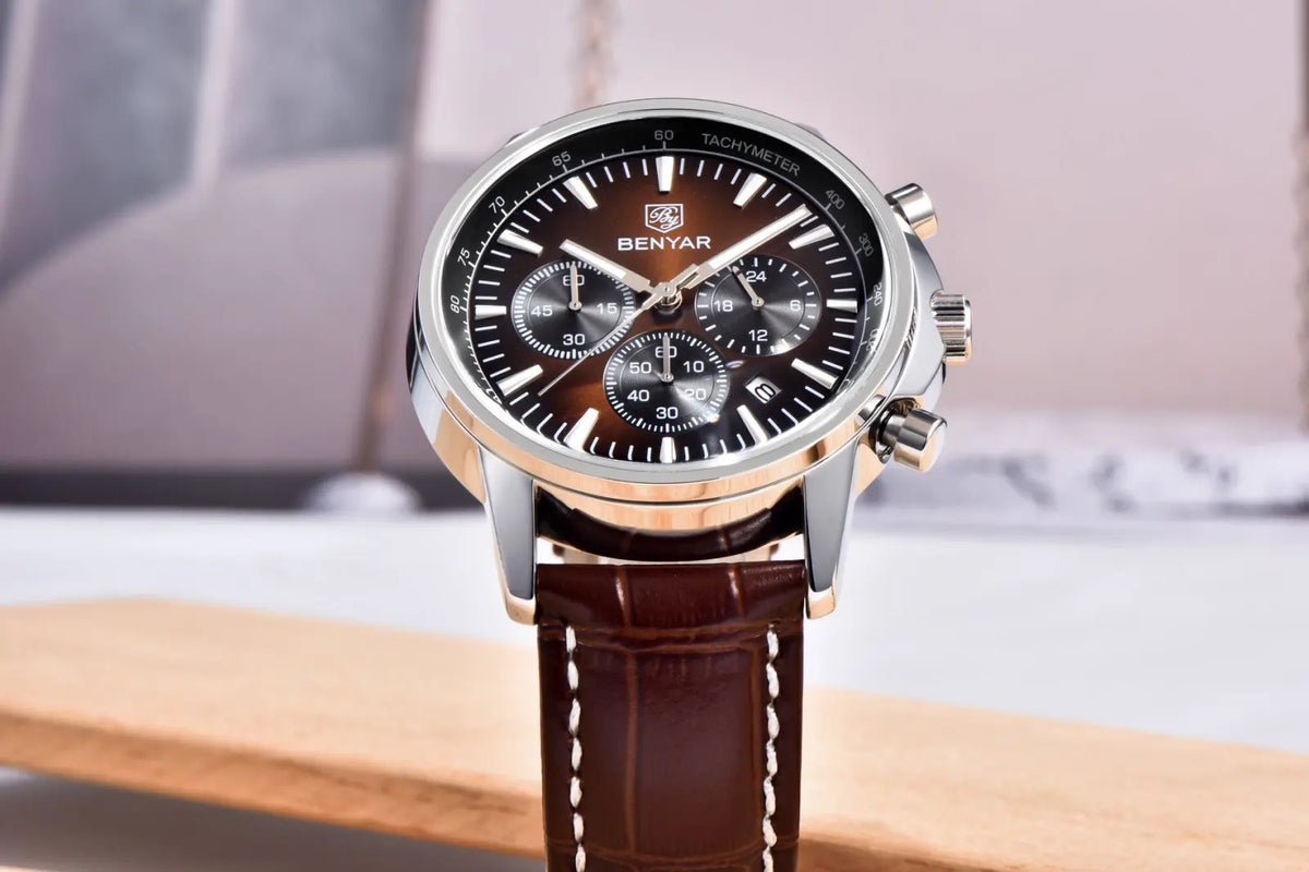 Reloj de lujo para hombre Benyar: cronógrafo con fecha, correa de piel, resistente al agua, luminiscente, estilo deportivo y militar, reloj de cuarzo