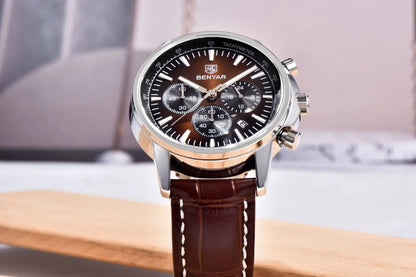 Reloj de lujo para hombre Benyar: cronógrafo con fecha, correa de piel, resistente al agua, luminiscente, estilo deportivo y militar, reloj de cuarzo