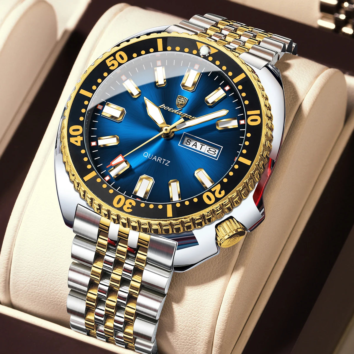 Montre homme POEDAGAR de luxe, style business, avec date et jour de la semaine, étanche et lumineuse, en acier inoxydable et à quartz.