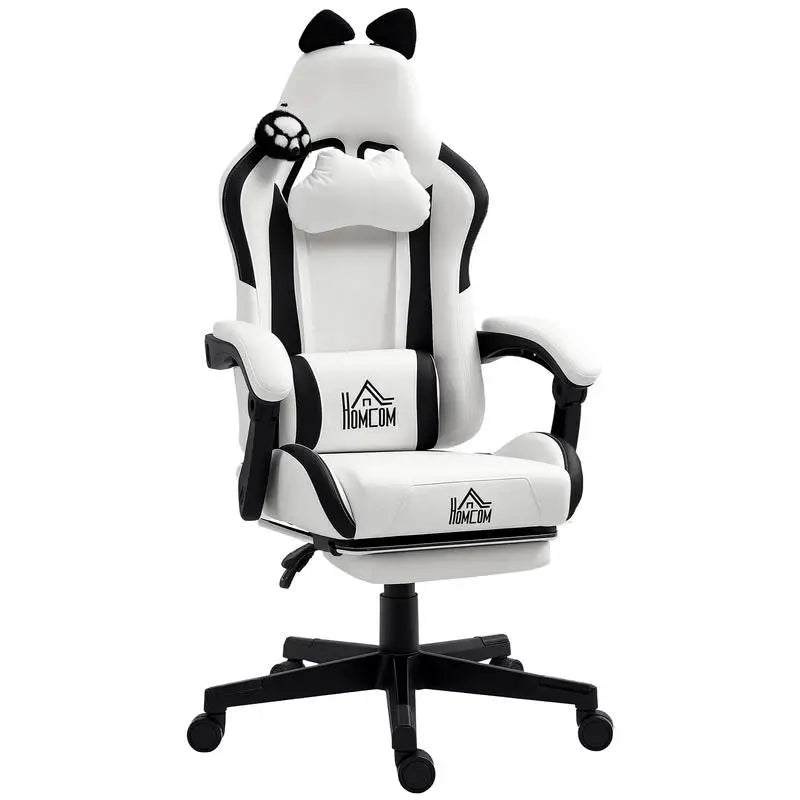 Cute Cat Shaped Gaming Chair with Removable Cat Ears and Paws,Retractable Footrest, Lumbar Head Support, 360° Swivel Gamer Chair