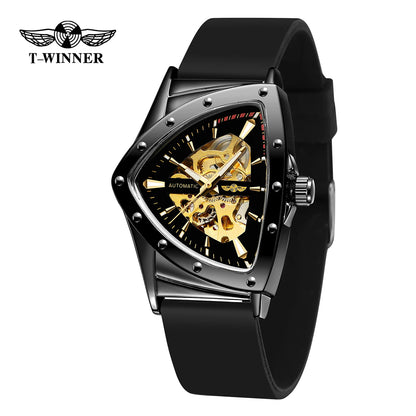 WINNER High Quality Watch for Men Triangle Steel Skeleton Mechanical Automatic Movement Clockwork Waterproof Rubber strap Wrist