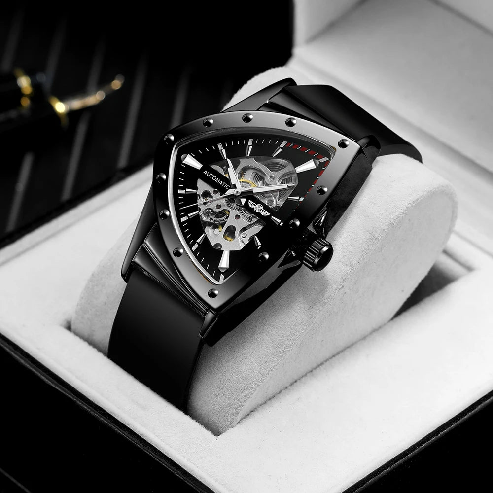 Reloj automático para hombre WINNER, diseño esqueleto triangular, agujas luminiscentes, correa de caucho, estilo militar, reloj mecánico de lujo