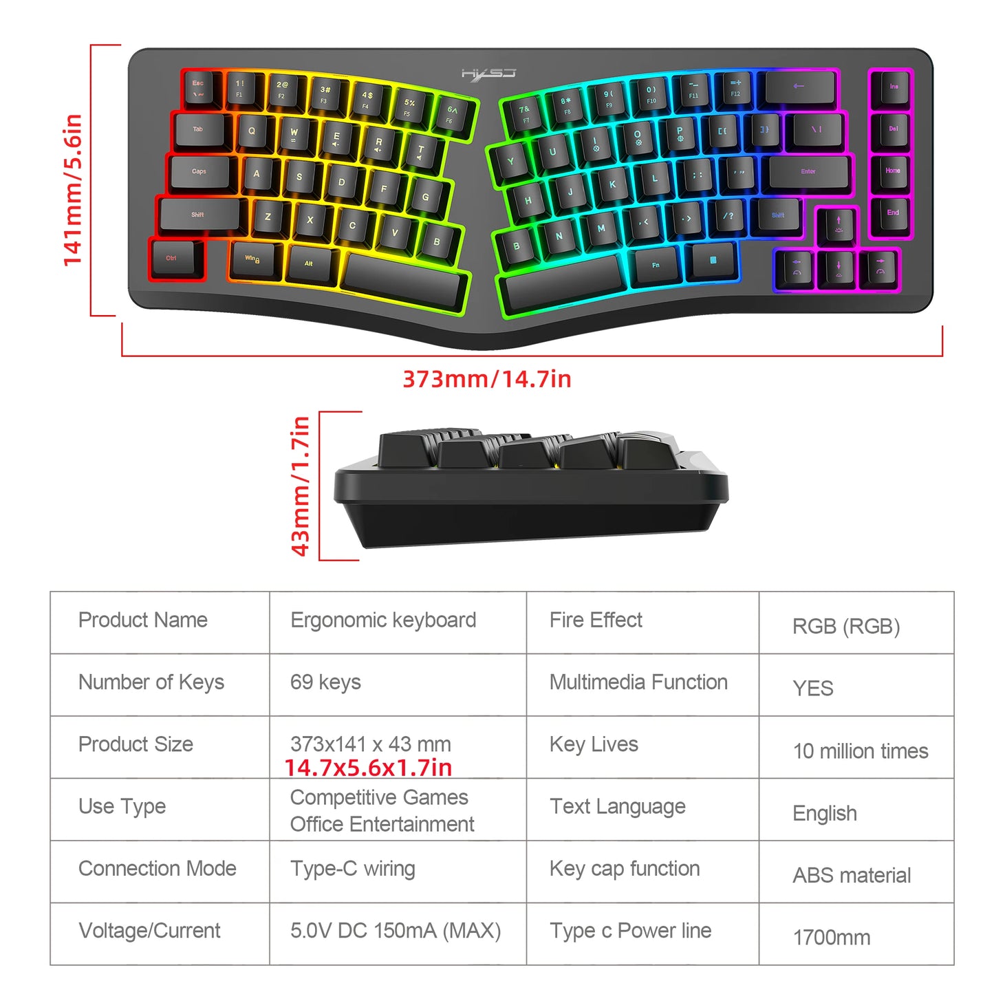 69 Key Wired Ergonomic Gaming Keyboard Keyboard Silent Irregular RGB Backlit Keyboard for Windows Linux Home Office Game PC