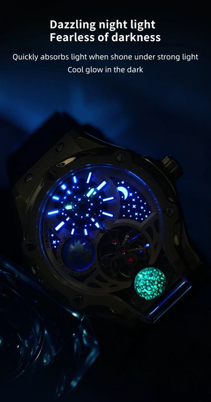 HANBORO Rose Gold Starry Sky Hollow Flywheel Moon Phase Automatic Mechanical Watch Luxury Space Theme Sports Watch 980