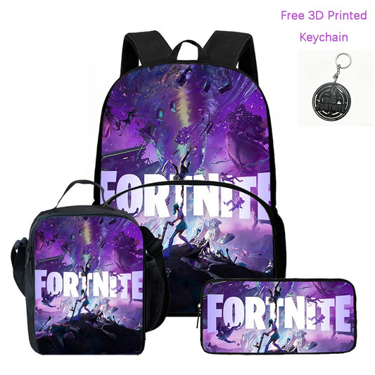 3-Piece FORTNITE Cartoon School Set, Lightweight Backpack with Front Pocket, Lunch & Pencil Case for Kids Ages 5-9, Free 3D Printed Keychain