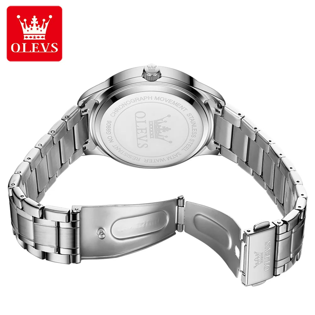 Reloj de cuarzo para hombre OLEVS 9906, modelo cuadrado adornado con diamantes, correa de acero inoxidable, hermético, con doble calendario; un reloj de pulsera de lujo, original, ideal para el ámbito profesional.