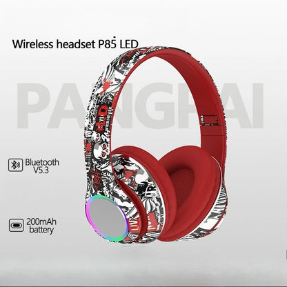 P85 Graffiti Wireless Headset Bluetooth 5.3 Gamer Headphones with Microphone Overhead Headphone with LED Light Foldable FM Radio