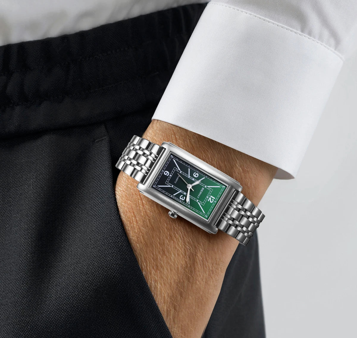 Reloj cuadrado para hombre BERNY – Movimiento de cuarzo, esfera con números romanos, indicación luminiscente, caja de acero inoxidable 316L – Reloj rectangular elegante y desenfadado