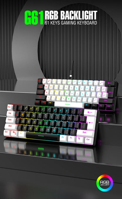 60% compact wired keyboard with 61 key membrane layout, RGB backlighting, ergonomic design, small and portable office computer