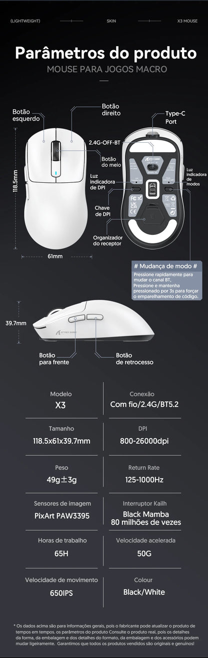 Atack Shark X3 PAW3395 Mouse Lightweight Wireless Gaming Mouse,Tri-Mode  Mouse,26K DPI PAW3395,PC/Laptop/Win/Mac